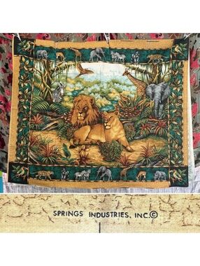Vintage Safari Lion Wildlife Fabric Panel Springs Industries Rare/OOP Quilting